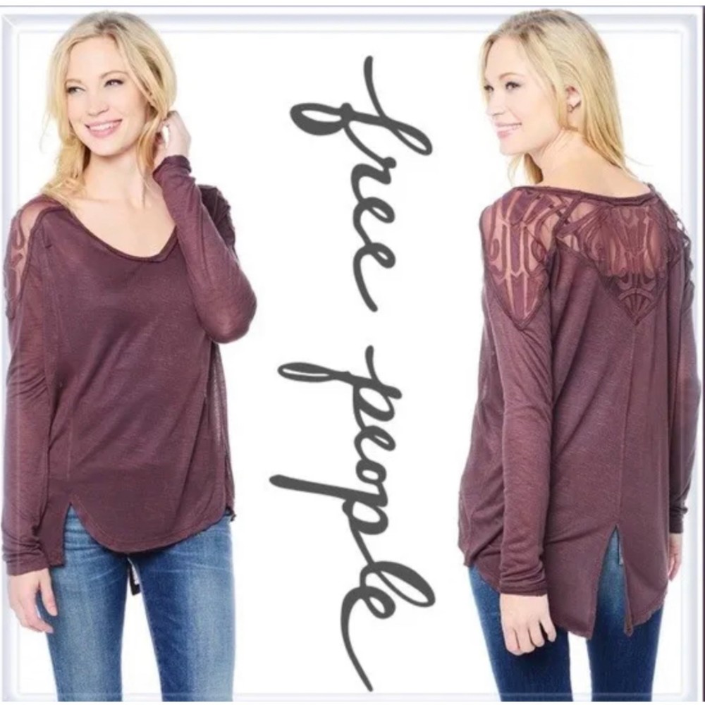FREE PEOPLE The Gatsby Mesh Wine Long Sleeve V-Neck Tee Tunic Top